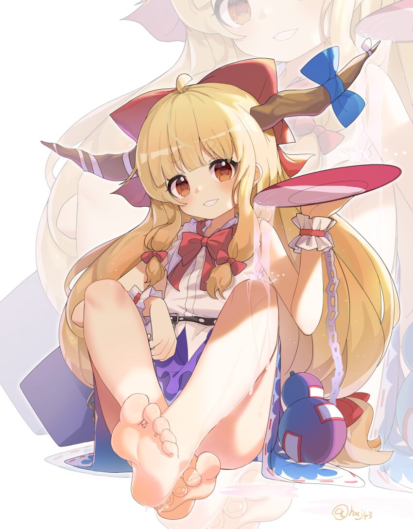 1girl absurdres ahoge bare_legs barefoot blonde_hair blue_bow blunt_bangs blush bow bowtie brown_eyes chain commentary_request crossed_ankles cup feet foot_focus gourd hair_bow hair_ribbon hand_up highres holding holding_cup horn_bow horn_ornament horns hxj_(2324184595) ibuki_suika knees_up long_hair looking_at_viewer red_bow red_bowtie ribbon sakazuki simple_background smile soles solo spilling teeth toenails toes touhou tress_ribbon very_long_hair white_background wrist_cuffs zoom_layer