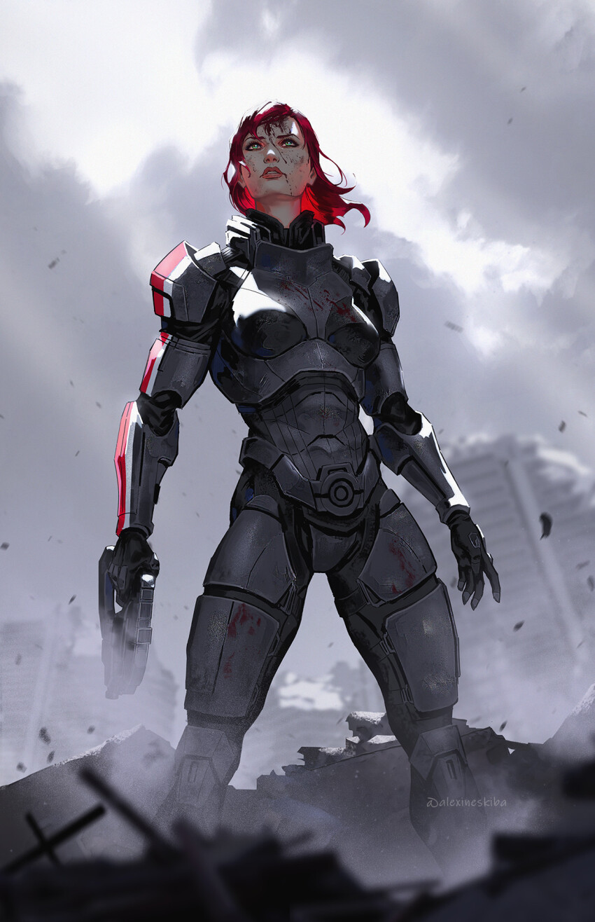 1girl aleksandra_skiba armor black_gloves blood blood_from_mouth blood_on_face blood_on_leg breasts commander_shepard commander_shepard_(female) commentary english_commentary floating_hair gloves green_eyes gun highres holding holding_gun holding_weapon looking_up m-6_carnifex mass_effect_(series) mass_effect_3 medium_breasts medium_hair n7_armor open_hand parted_lips power_armor red_hair ruins solo weapon