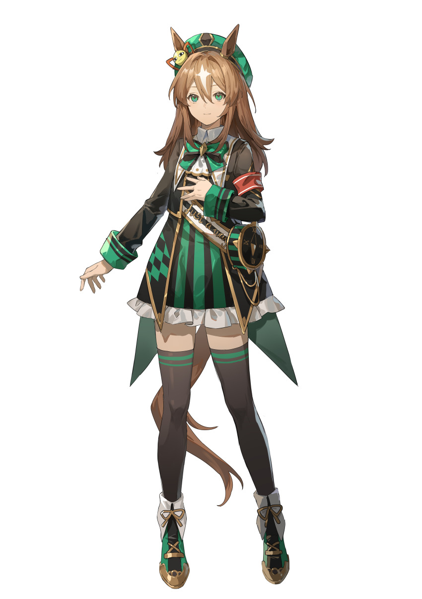 1girl absurdres animal_ears armband beret black_jacket black_thighhighs bow bowtie brown_hair character_name chinese_commentary commentary full_body genderswap genderswap_(mtf) gintama gold_trim green_bow green_bowtie green_eyes green_hat green_shoes green_skirt hair_between_eyes hat highres horse_ears horse_girl horse_tail jacket just_a_way_(racehorse) justaway long_hair long_sleeves multicolored_hair open_clothes open_jacket original personification red_armband shoes skirt solo tachi-e tail thighhighs transparent_background two-tone_hair umamusume white_hair wufaxianshi_cnd zettai_ryouiki