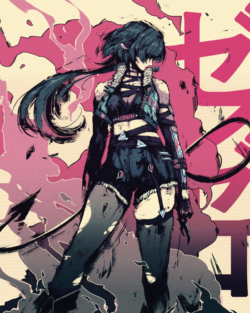 1girl adapted_costume akramness animal_ears arms_at_sides bare_shoulders black_hair black_shorts breasts cleavage closed_mouth collared_vest combat_knife covered_eyes cropped_vest detached_sleeves earrings feet_out_of_frame fur_collar garter_straps gloves hair_over_eyes high-waist_shorts highres holding holding_knife jane_doe_(zenless_zone_zero) jewelry knife legs_apart lips long_hair long_tail low_ponytail midriff mouse_ears multicolored_hair open_clothes open_vest pantyhose pantyhose_under_shorts ponytail red_hair sharp_tail shorts single_garter_strap single_leg_pantyhose single_thighhigh skindentation solo sports_bra standing stud_earrings tail thighhighs torn_clothes torn_pantyhose torn_thighhighs two-tone_hair very_long_hair vest weapon zenless_zone_zero