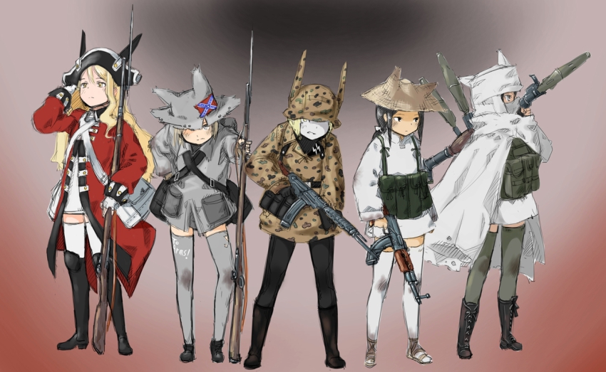 5girls afghanistan ak-47 akm american_civil_war american_revolution animal_ears assault_rifle backpack bad_id bad_pixiv_id bag bayonet boots camouflage combat_helmet confederate_flag confederate_states_of_america gradient_background gun hat helmet kalashnikov_rifle load_bearing_vest mars_expedition mask military military_uniform multiple_girls musket nazi no_pants pantyhose pouch rice_hat rifle rocket_launcher rpg rpg-7 rpg_(weapon) schutzstaffel stahlhelm stg44 thighhighs tricorne turban vietnam ao_dai waffen-ss war weapon world_war_ii y_(khakiyawn) zettai_ryouiki