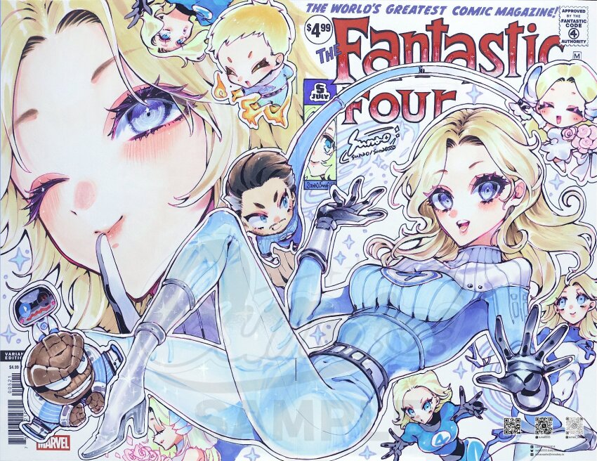 1girl 3boys :d barcode belt ben_grimm blonde_hair blue_bodysuit blue_eyes bodysuit boots breasts brother_and_sister brown_hair chibi chibi_inset commentary copyright_logo copyright_name covered_navel dress english_text facial_hair fantastic_four fire grin h.e.r.b.i.e. hashtag-only_commentary high_heel_boots high_heels highres husband_and_wife index_finger_raised johnny_storm logo long_hair looking_at_viewer marvel marvel_rivals medium_breasts monster_boy multiple_boys multiple_views one_eye_closed open_mouth pyrokinesis qr_code reed_richards robot sample_watermark short_hair siblings smile sue_storm sue_storm_(the_life_fantastic) sunao_saito symbol-only_commentary the_fantastic_four:_first_steps watermark wedding_dress white_belt white_boots