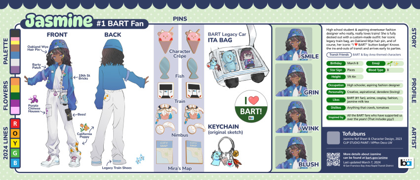 1girl artist_name bay_area_rapid_transit baylee_(goat)_(bart) beanie blue_hat blue_jacket character_name charm_(object) closed_eyes closed_mouth color_guide dark-skinned_female dark_skin dated english_text expression_chart flower frown hat heart highres jacket jasmine_(bart) long_sleeves looking_at_viewer map medium_hair mira_(bart) multiple_views nimbus_(bart) open_mouth orange_flower pants purple_eyes purple_flower qr_code shirt shoes smile standing tofuubuns wavy_hair white_pants white_shirt white_shoes