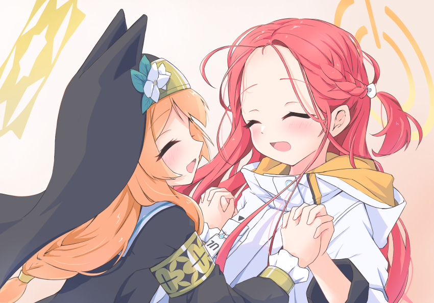 2girls ^_^ absurdres animal_ears armband blue_archive braid cat_ears cat_girl closed_eyes flower forehead frilled_cuffs habit hair_flower hair_ornament halo highres holding_hands hood hood_down hooded_jacket interlocked_fingers jacket karupa_(karupapon) long_hair mari_(blue_archive) millennium_science_school_logo multiple_girls nun orange_hair red_hair sailor_collar simple_background smile very_long_hair white_background yellow_halo yuzu_(blue_archive)