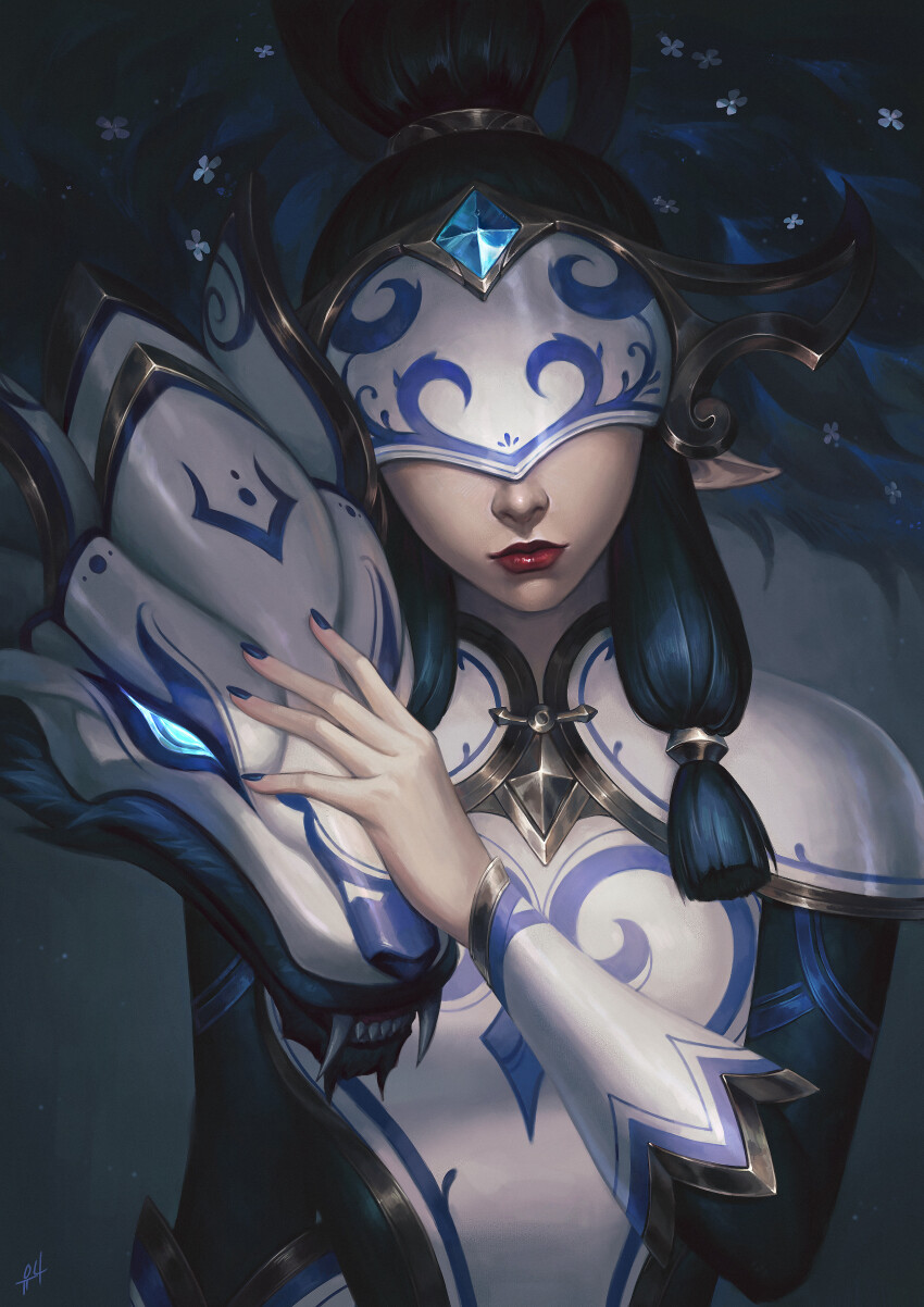 1girl 1other absurdres armor black_hair blue_nails covered_eyes dark_background eye_mask fangs glowing glowing_eyes hand_on_another&#039;s_head high_ponytail highres kgynh kindred_(league_of_legends) lamb_(league_of_legends) league_of_legends long_hair long_sleeves monster pointy_ears ponytail porcelain_kindred red_lips shoulder_armor upper_body wolf_(league_of_legends)