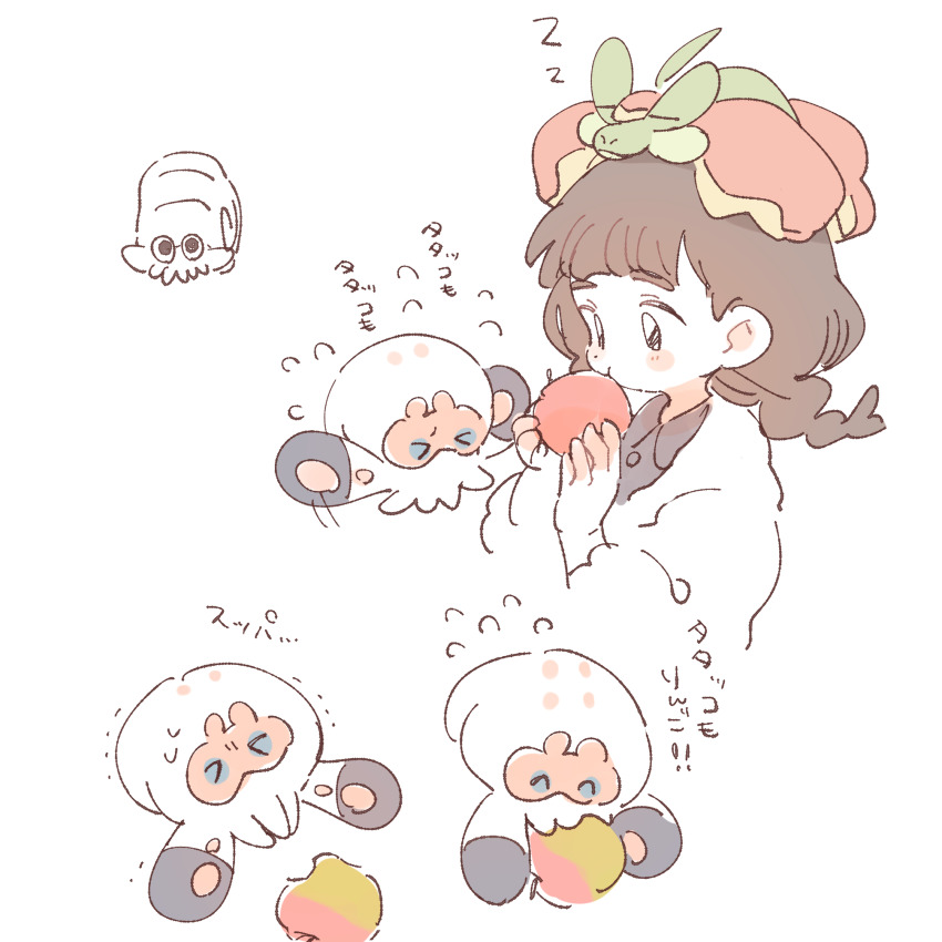 &gt;_&lt; 1girl alternate_hairstyle apple blush_stickers brown_hair buttons clobbopus closed_eyes collared_dress commentary_request dress eating flapple flying_sweatdrops food fruit gen_1_pokemon gen_8_pokemon gloria_(pokemon) hands_up highres holding holding_food holding_fruit jacket long_hair nintendo nodori710 omanyte on_head partially_colored pokemon pokemon_(creature) pokemon_on_head pokemon_swsh sleeping trembling white_jacket zzz