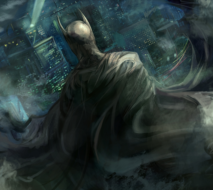 1boy absurdres back bat_signal batman batman_(series) bruce_wayne cape city cityscape dc_comics dutch_angle from_behind gooloomy highres male_focus night pointy_ears realistic solo spotlight