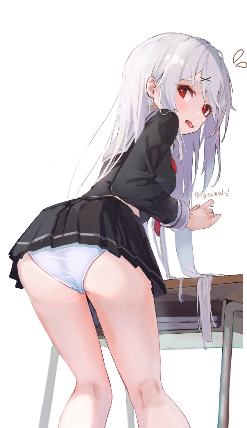 1girl artist_name ass black_serafuku black_shirt black_skirt blush book commentary_request desk fuji_sakura hair_ornament hand_up highres leaning_forward legs long_hair long_sleeves looking_at_viewer looking_back miniskirt open_mouth original panties pantyshot pleated_skirt raised_inner_eyebrows red_eyes sailor_collar school_desk school_uniform serafuku shirt sideways_glance simple_background skirt solo standing turning_head underwear very_long_hair wavy_mouth white_background white_hair white_panties white_sailor_collar x_hair_ornament