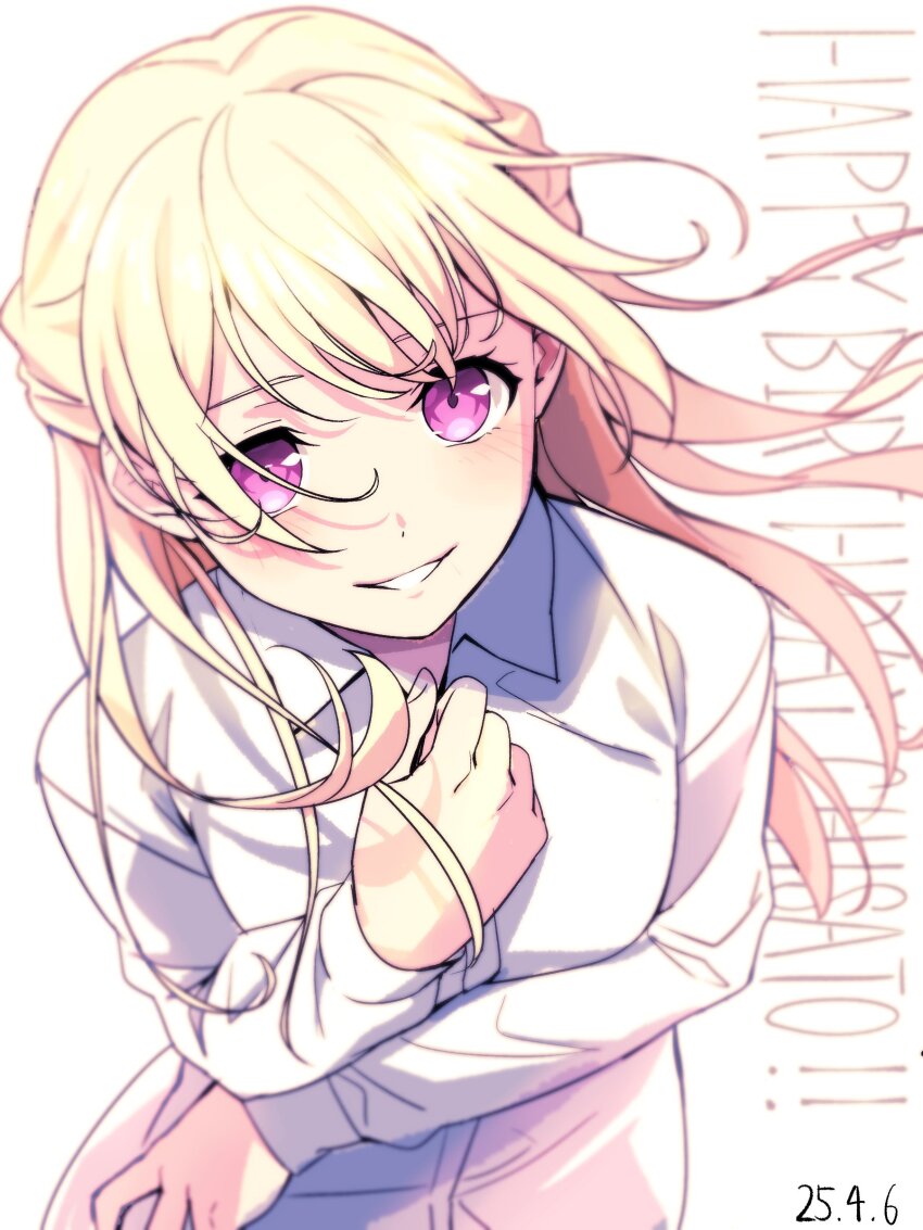 1girl absurdres bang_dream! blonde_hair blush character_name dated happy_birthday highres long_hair long_sleeves looking_at_viewer nobusawa_osamu open_mouth purple_eyes shirasagi_chisato shirt simple_background smile solo upper_body white_background