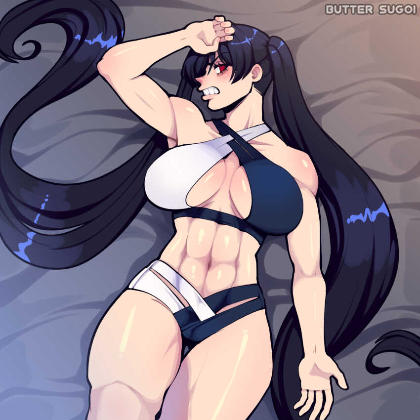 1girl abs artist_name bikini black_hair breasts butter_sugoi cleavage cleavage_cutout clenched_teeth clothing_cutout commentary criss-cross_straps english_commentary highres large_breasts long_hair multicolored_bikini navel original red_eyes solo swimsuit teeth toned toned_female twintails two-tone_bikini very_long_hair