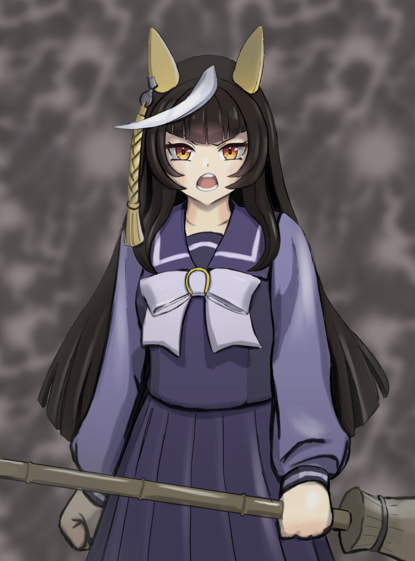 1girl ahoge animal_ears black_hair blunt_bangs bow bowtie broom calstone_light_o_(umamusume) ear_covers highres hime_cut holding holding_broom horse_ears horse_girl horseshoe_ornament long_hair long_sleeves looking_at_viewer multicolored_hair open_mouth pleated_skirt purple_serafuku purple_shirt purple_skirt sailor_collar sailor_shirt school_uniform serafuku shirt skirt solo streaked_hair striped_hair tanasiso tracen_school_uniform umamusume white_bow white_bowtie white_hair yellow_eyes