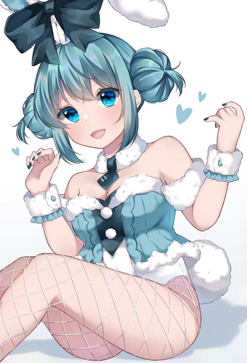 1girl absurdres animal_ears aqua_eyes aqua_hair aqua_leotard bare_shoulders bicute_bunnies_miku bicute_bunnies_miku_(white_bunny) bow breasts cleavage detached_collar double_bun ear_bow ear_ribbon fake_animal_ears fishnet_pantyhose fishnet_thighhighs fishnets fur-trimmed_leotard fur-trimmed_vest fur_armlet fur_trim hair_bun hatsune_miku heart highres leotard looking_at_viewer nail_polish necktie on_floor open_mouth pantyhose playboy_bunny rabbit_ears rabbit_tail short_necktie sitting sk_duki solo strapless strapless_leotard tail thighhighs thighs tied_ears vest vocaloid white_background wrist_cuffs