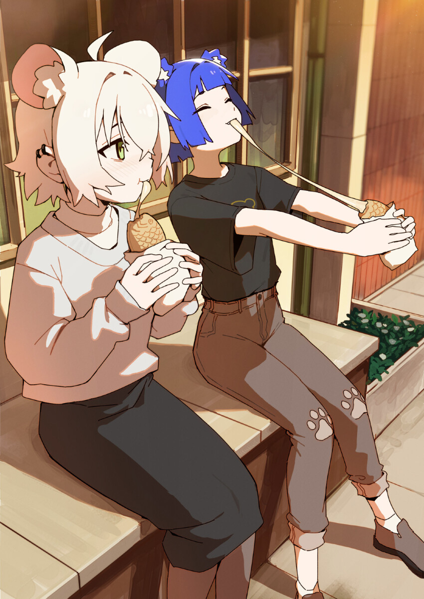 2girls ahoge animal_ears black_shirt black_skirt blue_hair cheese cheese_trail earrings eating food green_eyes grey_shirt gris_(vertigris) highres jewelry multiple_girls original pants paw_print paw_print_pattern perl_(vertigris) shirt sitting skirt taiyaki vertigris wagashi white_hair