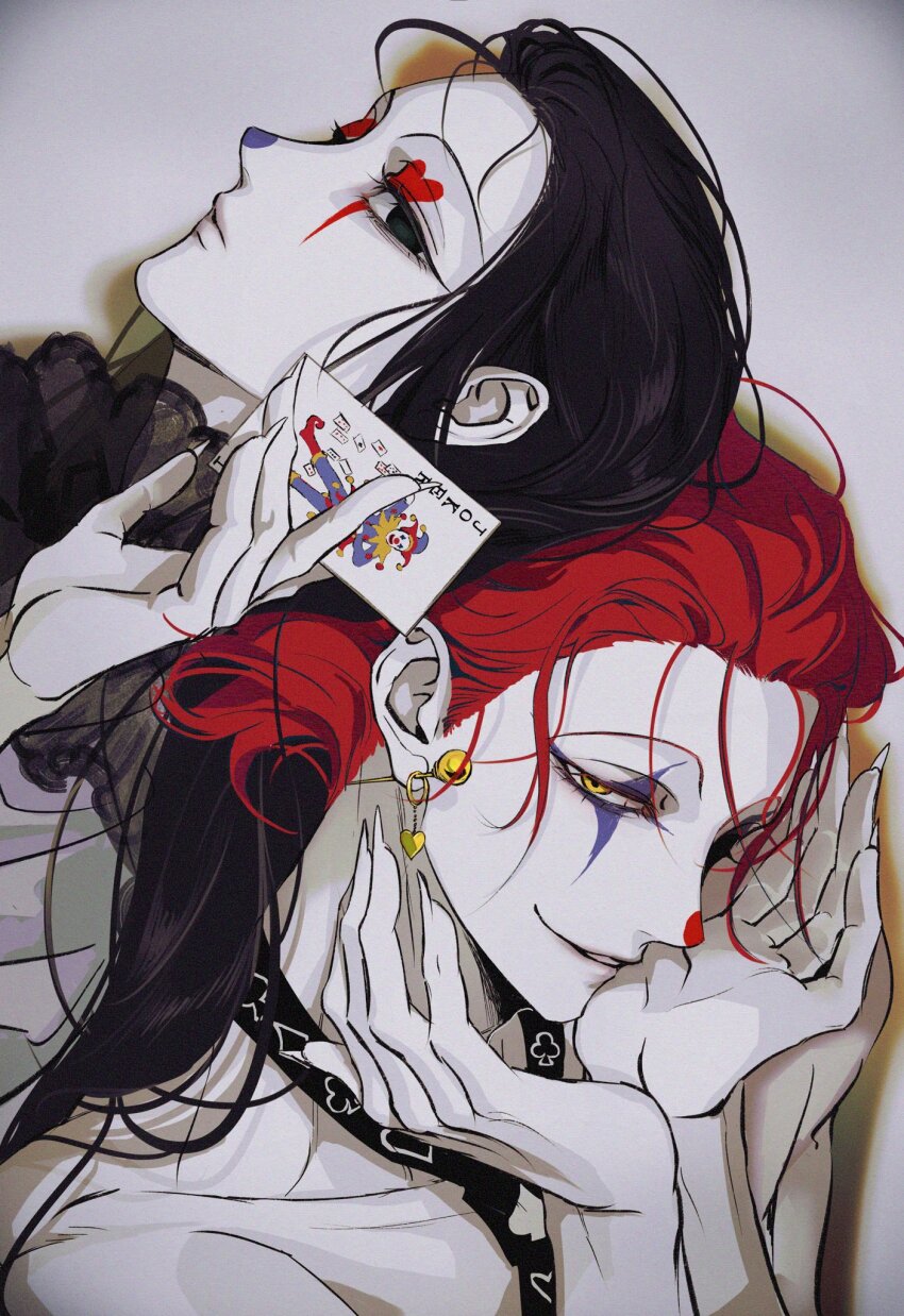 2boys black_eyes black_hair card highres hisoka_morow holding holding_card hunter_x_hunter illumi_zoldyck jz88 long_hair looking_at_viewer makeup male_focus multiple_boys playing_card red_hair short_hair smile upper_body yellow_eyes