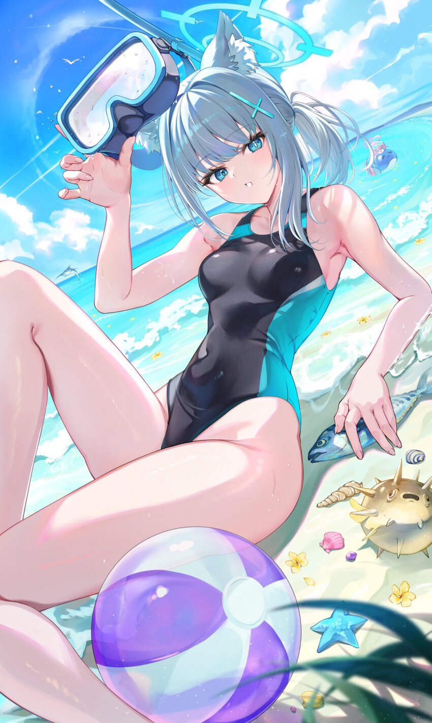 2girls animal_ears beach beach_volleyball blue_archive blue_eyes bochibochi_(gyuuniku_6000) fish goggles goggles_on_head highres hoshino_(blue_archive) multiple_girls ocean one-piece_swimsuit puffer_fish shiroko_(blue_archive) shiroko_(swimsuit)_(blue_archive) sitting solo_focus starfish swim_goggles swimsuit wolf_ears