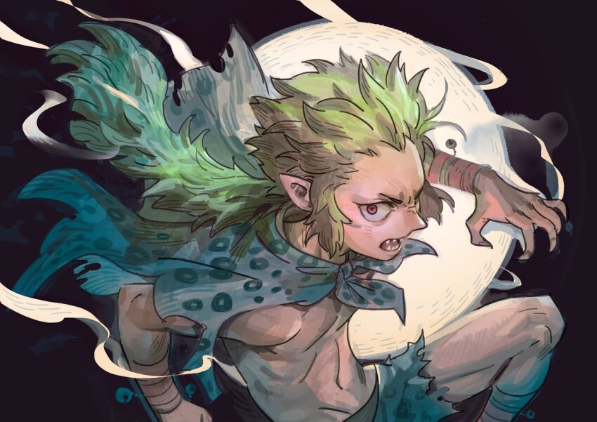 1boy angry animal_print ankle_cuffs armlet bell capelet clawed_hands claws feral_child final_fantasy final_fantasy_vi full_moon gau green_hair jewelry leopard_print looking_at_viewer male_focus messy_hair moon moonlight navel night night_sky pointy_ears ponytail prema-ja red_eyes sharp_teeth shawl shorts sideburns sky solo teeth topless_male wild_hair