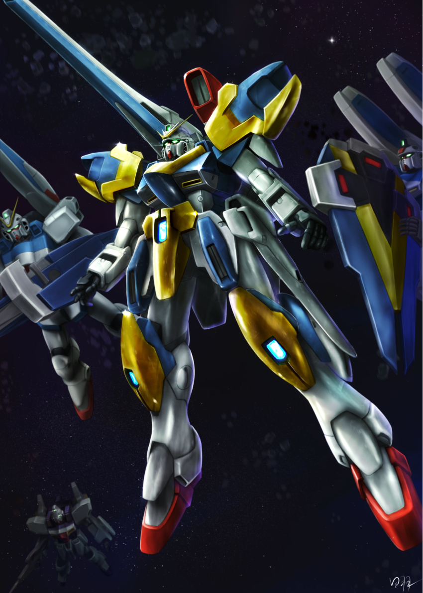 arms_at_sides asteroid beam_cannon beam_rifle character_request check_character commentary_request energy_gun flying full_body glowing glowing_eyes green_eyes gun gun_blastor gundam highres hiwa_industry holding holding_gun holding_weapon legs_apart looking_ahead mecha mecha_focus mobile_suit no_humans open_hands robot science_fiction shield signature space star_(sky) v-fin v2_assault-buster_gundam v2_gundam v_dash_gundam_hexa v_gundam victory_gundam weapon