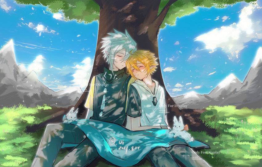 2boys absurdres animal aotu_world artist_name black_pants blonde_hair blue_sky blush closed_eyes cloud dated day grass grey_(aotu_world) grey_hair hair_between_eyes highres hood jacket jewelry king_(aotu_world) leaning_on_person male_focus mountain multiple_boys necklace outdoors pants plutoray pointy_ears rabbit shirt short_hair short_sleeves sitting sky sleeping sleeping_on_person sleeping_upright smile spiked_hair tree watermark white_hair yaoi