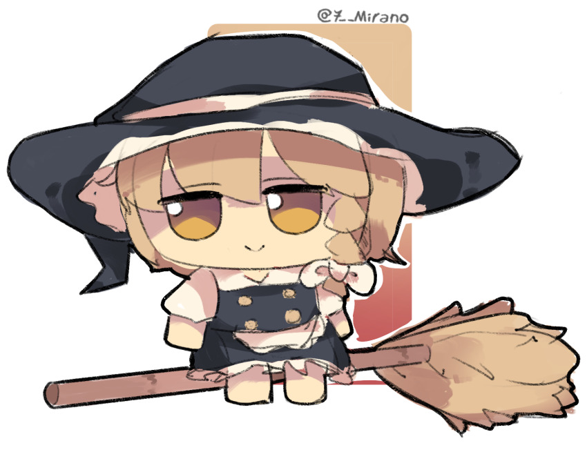 7-mirano apron barefoot blonde_hair bow braid broom broom_riding character_doll doll fumo_(doll) hair_bow hat hat_bow highres kirisame_marisa side_braid single_braid smile touhou waist_apron witch_hat yellow_eyes
