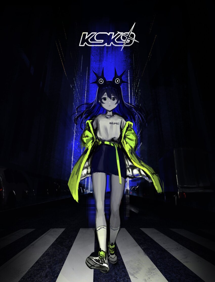 1girl absurdres alien artist_name belt birthday blue_eyes blue_hair blue_skirt borrowed_character city closed_mouth clothes_writing coat collarbone colored_skin commentary crosswalk dark double-parted_bangs expressionless extra_eyes floating_clothes floating_hair full_body gift_art green_belt green_coat green_shoes grey_skin hair_between_eyes hair_spread_out hands_in_pockets high_tops highres kneehighs logo long_eyelashes long_hair long_legs long_sleeves looking_at_viewer miniskirt multicolored_shoes no_pupils off_shoulder open_clothes open_coat original pavement print_shirt print_socks quilted_coat road shirt shirt_tucked_in shoes sidelocks skirt sneakers socks solo standing street t-shirt thick_eyelashes thighs two-sided_coat two-sided_fabric two-tone_shoes vertigris walking white_coat white_shirt white_shoes white_socks