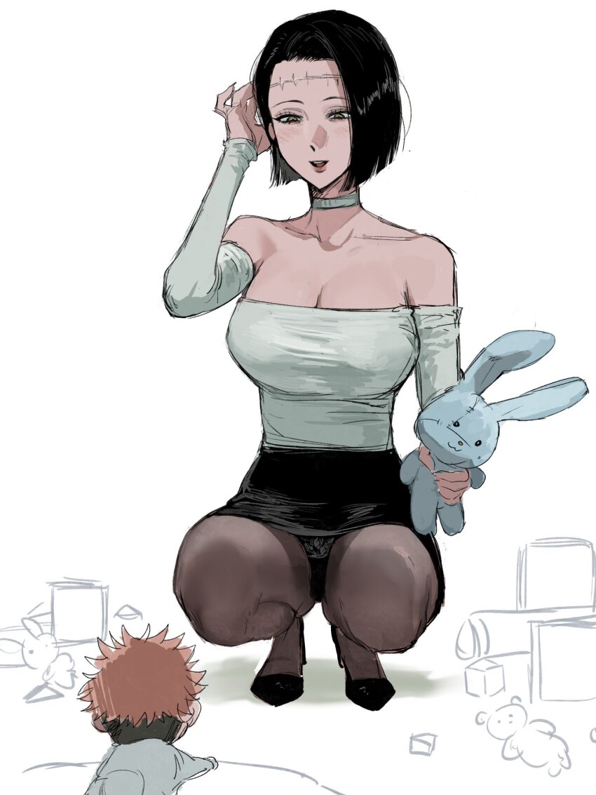 1boy 1girl aged_down alternate_costume baby bare_shoulders black_hair black_skirt breasts choker cleavage detached_sleeves fallsoki hand_in_own_hair hand_up high_heels highres holding holding_stuffed_toy itadori_kaori jujutsu_kaisen kenjaku large_breasts long_sleeves looking_at_another looking_down mature_female mother_and_son open_mouth panties pantyhose pantyshot pencil_skirt pink_hair possessed possession scar scar_on_face scar_on_forehead shirt short_hair skirt smile squatting stiletto_heels stitched_face stitches strapless strapless_shirt stuffed_animal stuffed_toy undercut underwear upskirt white_background white_choker white_shirt white_sleeves