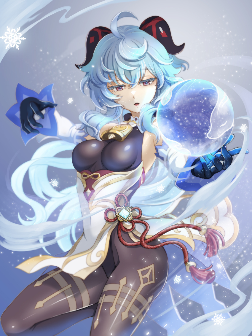 1girl ahoge bare_shoulders bell black_gloves black_leotard blue_hair bodystocking bodysuit breasts brown_pantyhose chinese_knot detached_sleeves flower_knot ganyu_(genshin_impact) genshin_impact gloves gold_trim groin highres horns ivuki jewelry leotard leotard_under_clothes long_hair looking_at_another magic medium_breasts neck_bell open_mouth orb pantyhose purple_eyes qilin_(mythology) sidelocks solo tassel thighlet vision_(genshin_impact) waist_cape white_sleeves wind