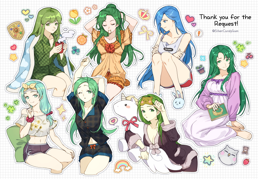 6+girls absurdres alternate_costume animal_slippers barefoot blue_eyes blue_hair book breasts bunny_slippers cecilia_(fire_emblem) checkered_clothes cleavage closed_eyes collarbone commentary commission contemporary cropped_legs cup elincia_ridell_crimea english_commentary fire_emblem fire_emblem:_mystery_of_the_emblem fire_emblem:_path_of_radiance fire_emblem:_the_binding_blade fire_emblem:_the_sacred_stones frills green_eyes green_hair highres holding holding_book holding_cup holding_stuffed_toy long_hair lucia_(fire_emblem) mouth_hold mug multiple_girls navel nephenee_(fire_emblem) nightgown nintendo one_eye_closed pajamas palla_(fire_emblem) pixiv_commission purple_nightgown rubber_band short_shorts shorts sigrun_(fire_emblem) silvercandy_gum sitting slippers stretching stuffed_animal stuffed_toy stuffed_unicorn syrene_(fire_emblem) tank_top thank_you twitter_username very_long_hair