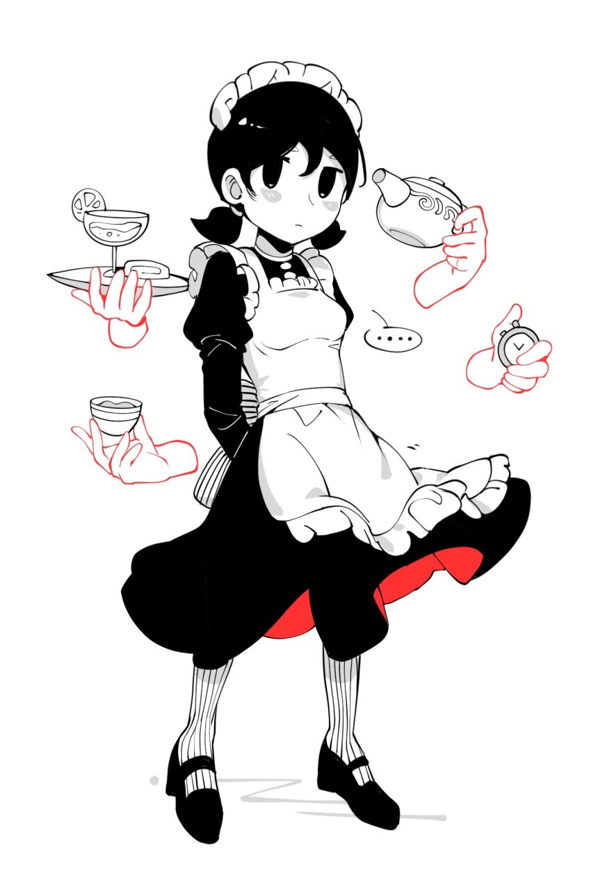 ... 1girl alternate_costume apron arms_behind_back back_bow bow breasts buttons closed_mouth commentary cup double-parted_bangs dress english_commentary enmaided food frilled_apron frills fruit genderswap genderswap_(mtf) glass greyscale hair_behind_ear hair_between_eyes headdress high_contrast highres holding holding_cup holding_plate holding_teapot jitome juliet_sleeves lemon lemon_slice long_sleeves looking_at_viewer low_twintails maid maid_apron maid_headdress mary_janes monochrome no_pupils omori omori_(omori) plate puffy_sleeves red_dress ribbed_pantyhose shoes short_hair short_twintails sideways_glance simple_background small_breasts solo spoken_ellipsis spot_color standing striped_bow teapot twintails two-sided_dress two-sided_fabric white_background zs_zealsummer