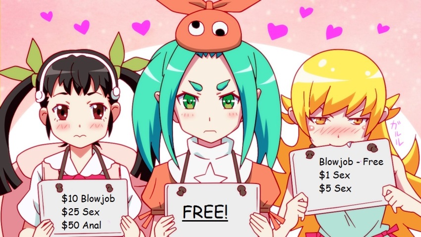 3girls backpack bag bakemonogatari biting black_hair blonde_hair blue_hair blush bow english_text fang fang_out frown g3pen green_eyes green_hair green_ribbon hachikuji_mayoi hair_bow heart long_hair looking_at_viewer monogatari_(series) multiple_girls ononoki_yotsugi oshino_shinobu prostitution ribbon sign sign_around_neck tagme third-party_edit twintails yellow_eyes