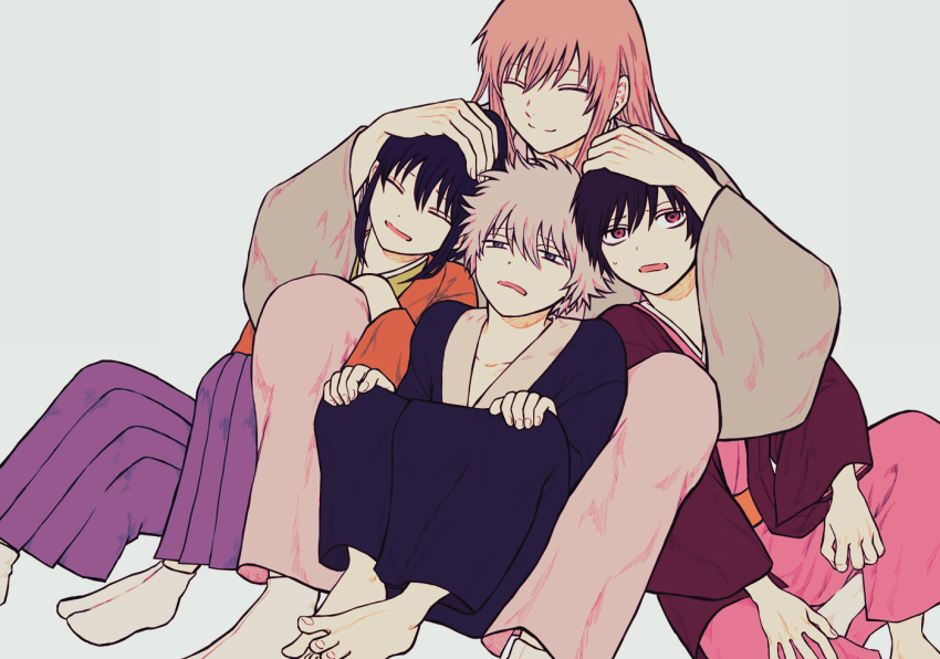 4boys ^_^ alternate_eye_color black_hair blue_eyes brown_hair child closed_eyes gintama group_hug hand_on_another&#039;s_head hug japanese_clothes katsura_kotarou kimono long_hair male_focus multiple_boys muted_color ohi_bis open_mouth ponytail red_eyes sakata_gintoki short_hair simple_background smile takasugi_shinsuke white_background white_hair wide_sleeves yoshida_shouyou