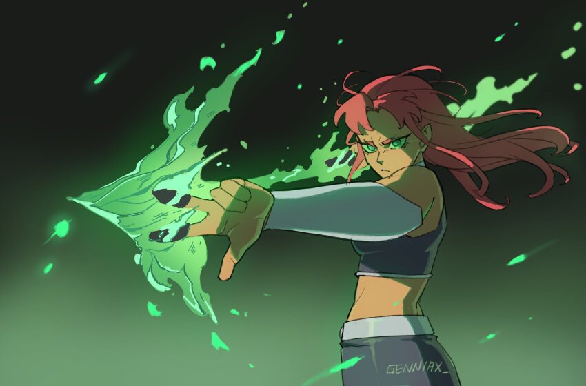 1girl arrow_(projectile) artist_name colored_sclera commentary dc_comics english_commentary fire genniax green_eyes green_sclera highres jujutsu_kaisen long_hair purple_tank_top pyrokinesis red_hair scene_reference solo starfire tamaranean tank_top teen_titans