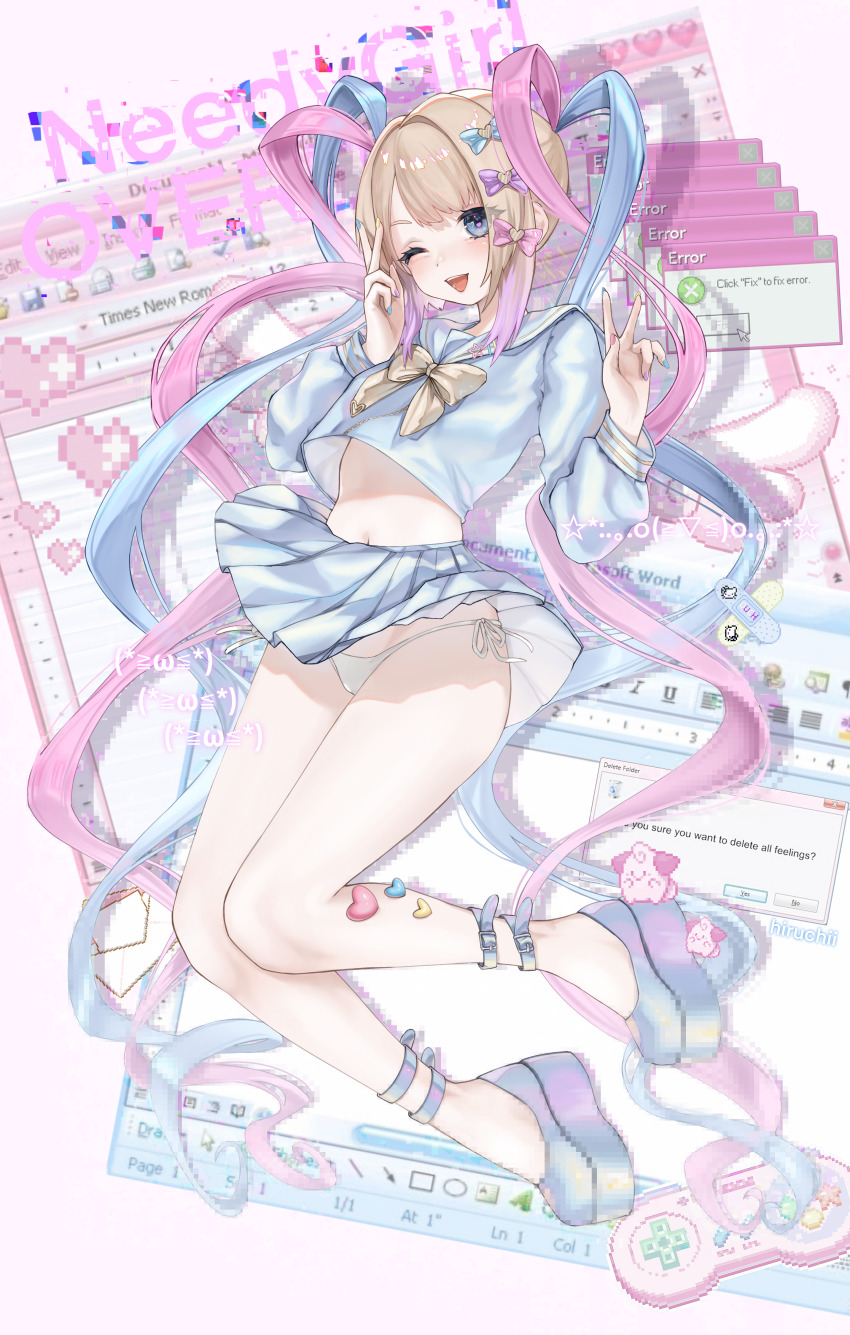 1girl absurdres ankle_belt blue_bow blue_eyes blue_hair blue_nails blue_serafuku blush bow chouzetsusaikawa_tenshi-chan clothes_lift controller double_v emoticon error_message full_body game_controller grey_hair hair_bow hair_ornament heart heart_hair_ornament highres hiruchii_(hiruruchyan) kaomoji long_hair long_sleeves microsoft_word multicolored_hair multicolored_nails multiple_hair_bows nail_polish navel needy_girl_overdose one_eye_closed open_mouth panties pink_bow pink_hair pink_nails pixelated platform_footwear pleated_skirt purple_bow quad_tails sailor_collar school_uniform serafuku side-tie_panties skirt skirt_lift solo super_famicom_gamepad underwear v very_long_hair white_panties window_(computing) yellow_nails