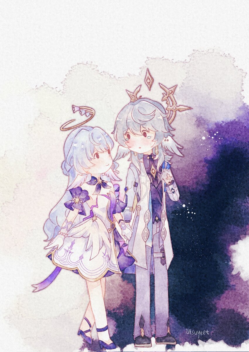 1boy 1girl bracelet brother_and_sister coat crying detached_sleeves dress earrings feathered_wings gloves grey_hair hair_bun halo head_wings highres honkai:_star_rail honkai_(series) jewelry light_smile long_hair medium_hair pearl_bracelet piercing purple_footwear purple_hair purple_sleeves robin_(honkai:_star_rail) sad siblings spiked_halo sunday_(honkai:_star_rail) tears utsuyeet watercolor_effect white_gloves wing_piercing wings