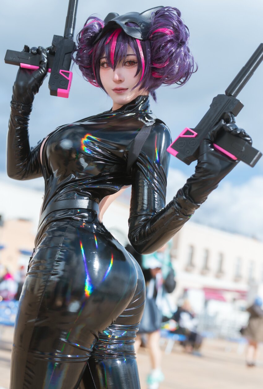 1girl absurdres ass ayayachi black_bodysuit blurry blurry_background bodysuit breasts cosplay_photo double_bun dual_wielding gloves goddess_of_victory:_nikke gun hair_bun highres holding holding_gun holding_weapon latex latex_bodysuit mac-10/11 multicolored_hair photo_(medium) quency_(escape_queen)_(nikke) quency_(nikke) shiny_clothes solo submachine_gun weapon
