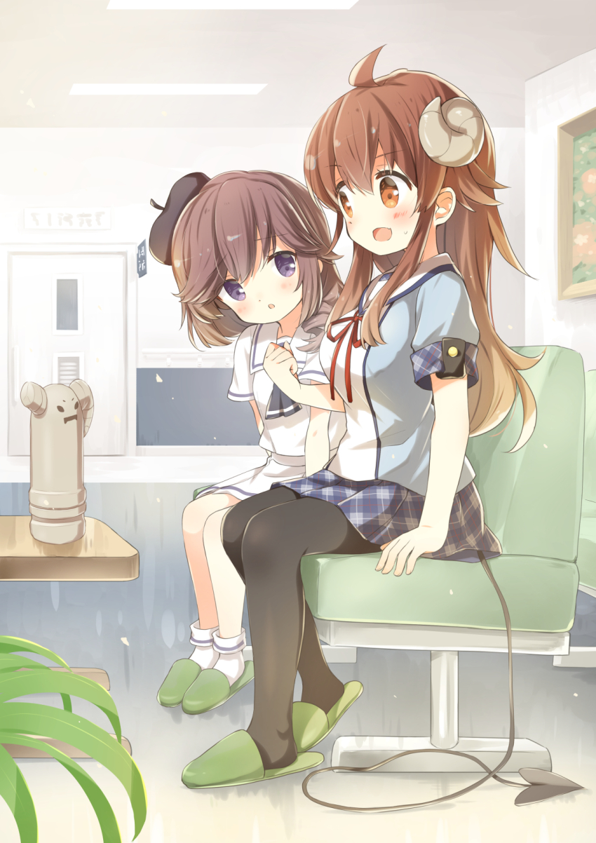 2girls ahoge beret black_pantyhose blue_shirt brown_eyes brown_hair demon_girl demon_horns demon_tail fang green_slippers hand_up hat highres horns ichiyo12 long_hair machikado_mazoku multiple_girls neck_ribbon open_mouth pantyhose plaid_clothes plaid_skirt pleated_skirt red_ribbon ribbon sailor_collar school_uniform serafuku shirt short_sleeves sidelocks sitting skin_fang skirt slippers socks statue tail white_serafuku white_shirt white_skirt white_socks yoshida_ryouko yoshida_yuuko_(machikado_mazoku)