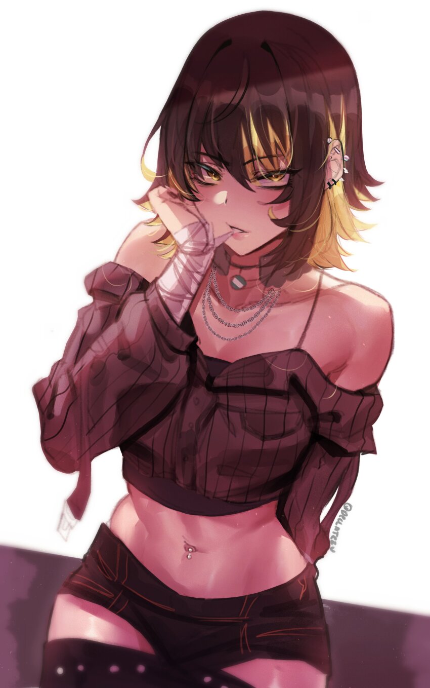 1girl absurdres biting black_hair blonde_hair chain chain_necklace commentary deccatezu ear_piercing earrings highres idolmaster idolmaster_shiny_colors ikaruga_luca jacket jewelry mixed-language_commentary multicolored_hair navel_piercing necklace piercing short_shorts shorts solo twitter_username two-tone_hair yellow_eyes