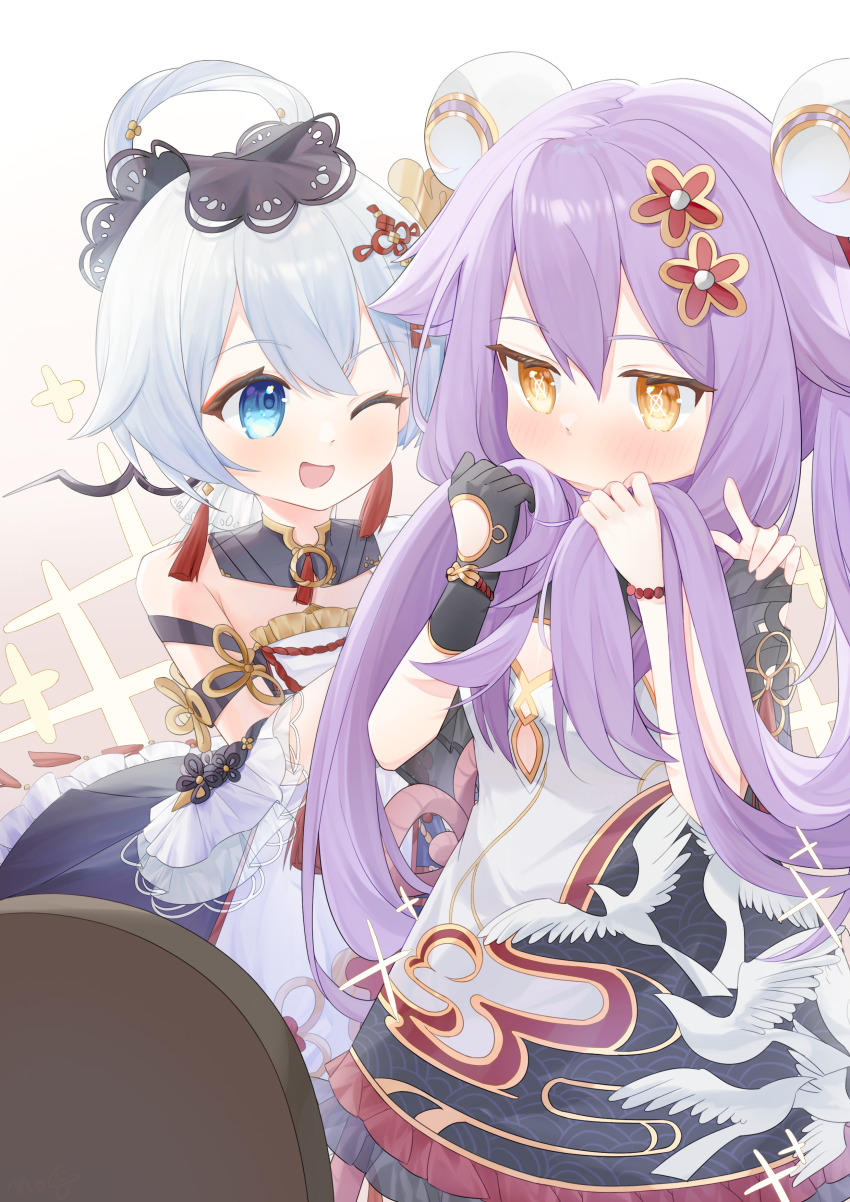 2girls ;d absurdres black_dress black_gloves blue_eyes blush breasts brown_background brown_eyes china_dress chinese_clothes commentary_request dress frilled_dress frills gloves gradient_background grey_hair hair_between_eyes hair_rings hands_up highres holding holding_own_hair honkai_(series) honkai_impact_3rd long_hair mogu_kinoko multiple_girls one_eye_closed open_mouth purple_hair single_glove sirin small_breasts smile sparkle_background theresa_apocalypse very_long_hair white_background white_dress