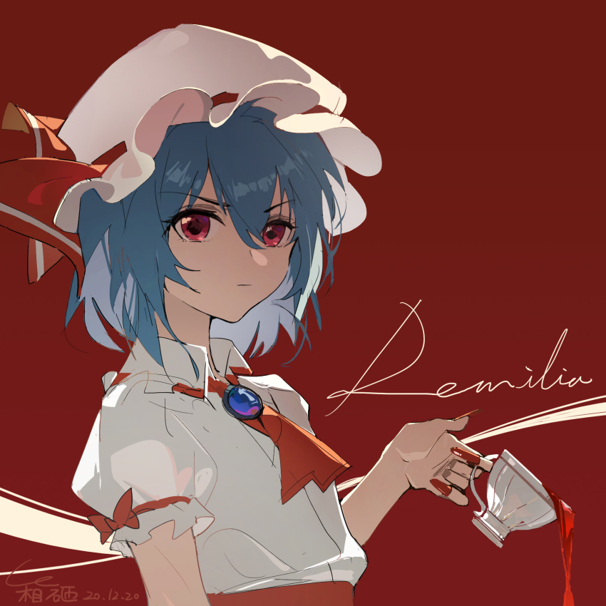 1girl :| ambiguous_red_liquid ascot blue_hair brooch character_name closed_mouth collared_shirt commentary cup dated fingernails from_side hair_between_eyes hako_(misheyes) hand_up hat hat_ribbon highres holding holding_cup jewelry long_fingernails looking_at_viewer looking_to_the_side medium_hair mob_cap nail_polish puffy_short_sleeves puffy_sleeves red_ascot red_background red_eyes red_nails red_ribbon remilia_scarlet ribbon shirt short_sleeves signature simple_background solo spilling teacup touhou upper_body v-shaped_eyebrows white_hat white_shirt