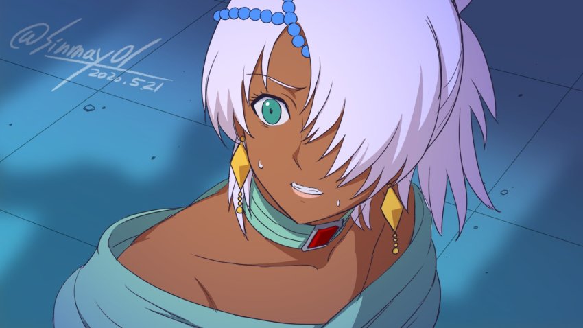 1boy aqua_eyes bishoujo_senshi_sailor_moon bishoujo_senshi_sailor_moon_s choker dark-skinned_male dark_skin dated derivative_work gundam hair_over_one_eye highres laura_rolla loran_cehack male_focus meme sailor_moon_redraw_challenge_(meme) shinmai_(kyata) silver_hair solo trap turn_a_gundam twitter_username