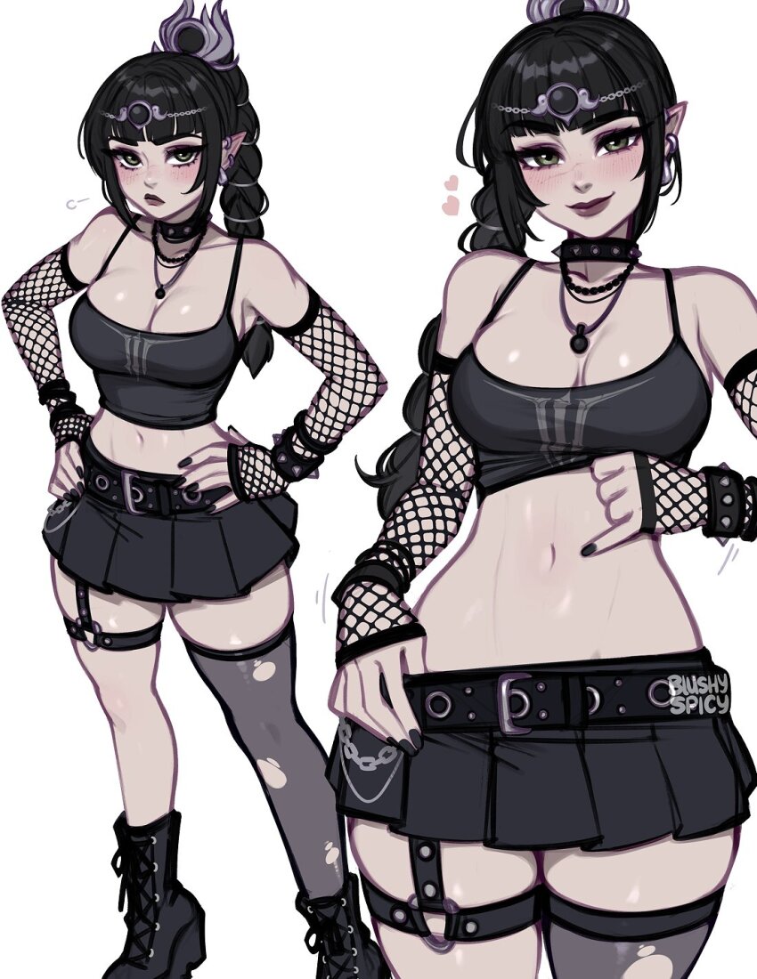 1girl baldur&#039;s_gate baldur&#039;s_gate_3 black_hair blush blushyspicy braid breasts choker dungeons_&amp;_dragons dungeons_&amp;_dragons elf goth_fashion green_eyes hair_ornament highres large_breasts long_hair looking_at_viewer multi-tied_hair navel pointy_ears scar scar_on_face scar_on_nose shadowheart_(baldur&#039;s_gate) simple_background skirt smile solo
