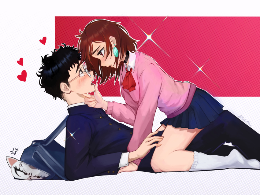 1boy 1girl absurdres anger_vein ayase_momo bag black_choker black_hair black_jacket black_pants blue_skirt blush blushedpixie bow bowtie brown_eyes brown_hair cat choker collared_shirt commentary couple dandadan earrings english_commentary eye_contact feet_out_of_frame from_side gakuran girl_on_top glasses heart highres jacket jewelry long_sleeves looking_at_another lying medium_hair miniskirt no_shoes on_back open_mouth pants pink_sweater pleated_skirt profile red_bow red_bowtie round_eyewear school_bag school_uniform shirt short_hair sitting sitting_on_lap sitting_on_person skirt socks sparkle sweater takakura_ken_(dandadan) turbo_granny_(dandandan) white_shirt white_socks