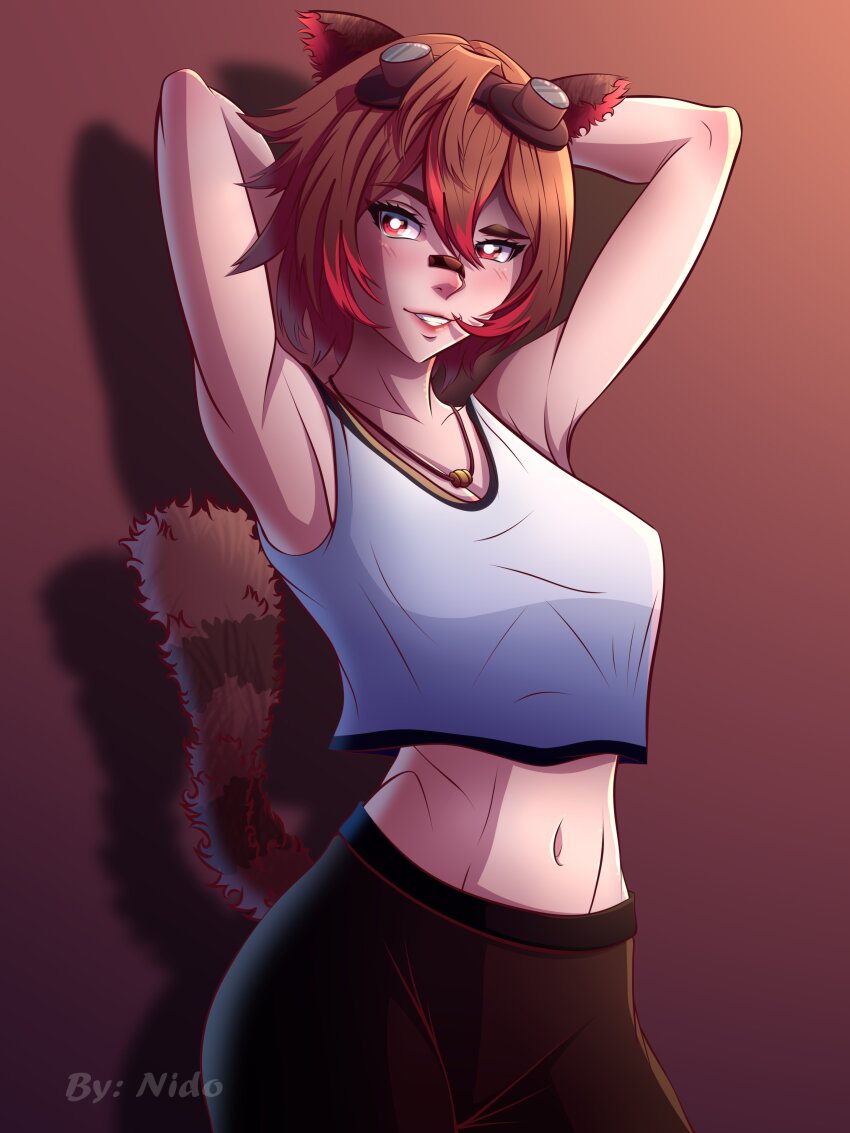 1girl absurdres affternido animal_ears armpits arms_behind_head arms_up artist_name black_pants breasts brown_hair collarbone cowboy_shot eyebrows eyelashes female_focus goggles goggles_on_head grin highres indie_virtual_youtuber jewelry lips looking_at_viewer medium_breasts midriff multicolored_hair navel necklace pants parted_lips raccoon_ears raccoon_girl raccoon_tail rakkun_sutaru red_eyes shirt short_hair sleeveless sleeveless_shirt smile solo standing streaked_hair tail teeth two-tone_hair virtual_youtuber watermark white_shirt