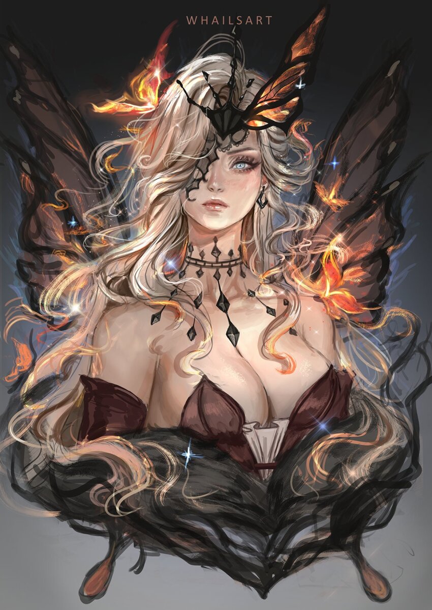 1girl artist_name bare_shoulders black_mask blonde_hair blue_eyes breasts butterfly_mask butterfly_wings cleavage collarbone cowboy_shot dress earrings eye_mask fur_trim genshin_impact gloves half_mask highres insect_wings jewelry large_breasts long_hair looking_at_viewer mask mask_over_one_eye one_eye_covered signora_(genshin_impact) solo whails wings