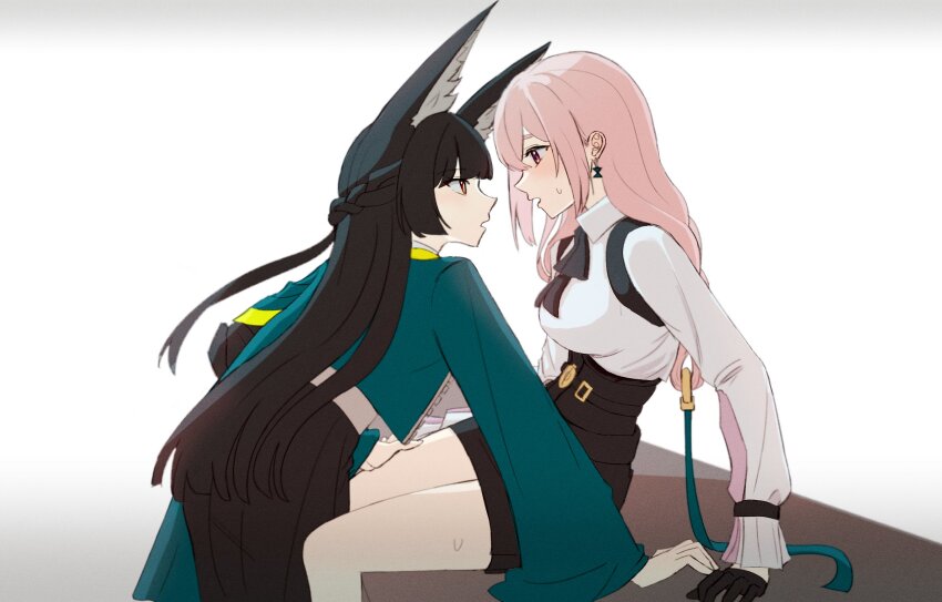 2girls animal_ear_fluff animal_ears black_gloves black_skirt blunt_bangs blush cowboy_shot earrings es030103010301 eye_contact fox_ears fox_girl gloves green_jacket hair_between_eyes high-waist_skirt highres hoshimi_miyabi jacket jewelry long_hair looking_at_another multiple_girls open_mouth pink_eyes pink_hair red_eyes ring_hair_ornament sidelocks simple_background sitting skirt tsukishiro_yanagi yuri zenless_zone_zero