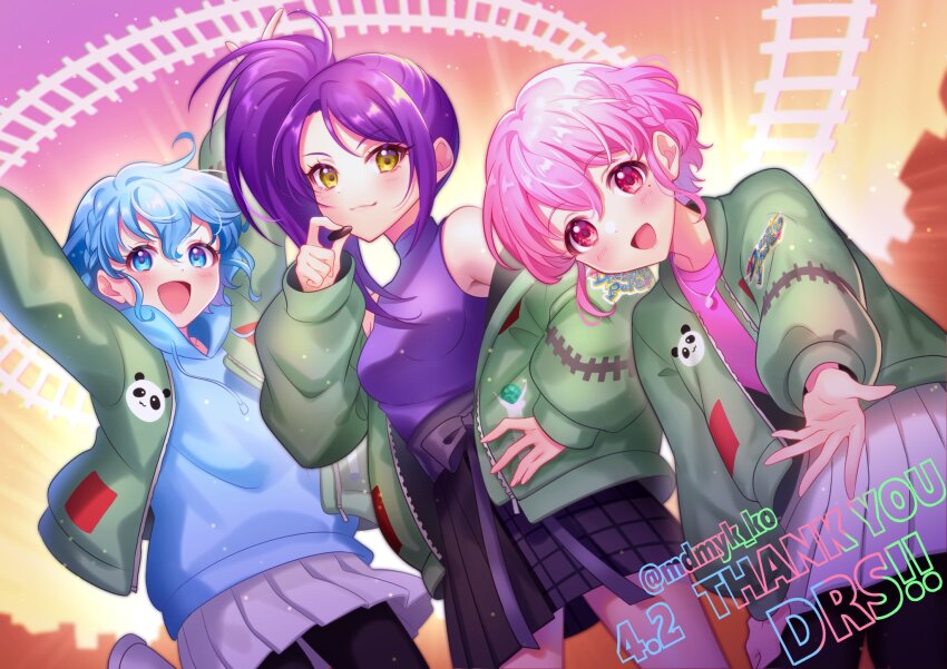 1boy 2girls :d arms_up bare_shoulders black_skirt blue_eyes blue_hair blue_hoodie blush brother_and_sister commentary_request crossdressing dorothy_west green_jacket hair_between_eyes hand_on_own_hip hand_up highres hood hood_down hoodie jacket jewelry long_hair long_sleeves looking_at_viewer mendamen mole mole_under_eye multiple_girls necklace off_shoulder offering_hand open_hand open_mouth outstretched_arms pink_eyes pink_hair pink_shirt pleated_skirt pretty_series pripara purple_hair purple_shirt reaching reaching_towards_viewer reona_west shirt short_hair siblings side_ponytail skirt smile standing toudou_shion trap twins twitter_username white_skirt yellow_eyes