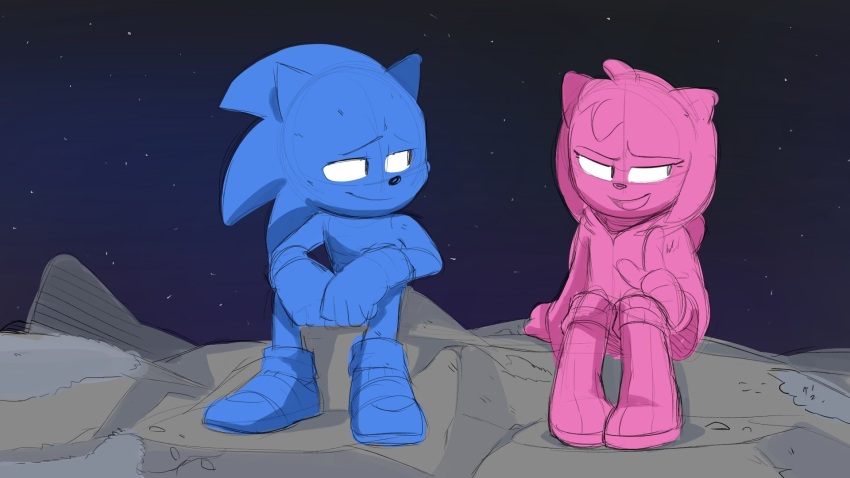 amy_rose boots gloves highres hill hood medium_hair night paramount_pictures sega shoes sitting smile socks sonic_(live_action) sonic_(series) sonic_the_hedgehog sonic_the_hedgehog_(film) sonic_the_hedgehog_3_(film) spiked_hair