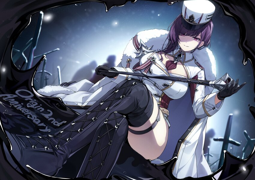 1girl 3others absurdres anniversary ascot ascot_between_breasts black_boots black_gloves black_liquid boots breasts coat coat_on_shoulders commentary counter:side crossed_legs ddangbi dutch_angle felix_(counter:side) fur-trimmed_coat fur_trim gloves hat highres holding_baton lace-up_boots large_breasts legs long_sleeves looking_at_viewer mole mole_under_eye multiple_others partially_shaded_face planted planted_sword planted_weapon purple_eyes purple_hair red_ascot sitting smile solo_focus sword thigh_boots thigh_strap weapon white_coat white_hat