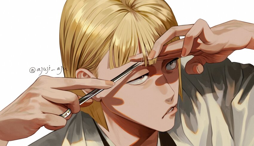 1boy ajuji_aju bleach blonde_hair blunt_bangs blunt_ends bob_cut brown_eyes cut_bangs cutting cutting_hair cutting_own_hair fingernails hand_in_own_hair haori highres hirako_shinji holding holding_own_hair holding_scissors japanese_clothes jewelry male_focus ring scissors short_hair simple_background solo teeth twitter_username white_background white_haori