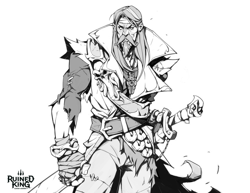 1boy arm_at_side beard belt character_request collarbone copyright_name facial_hair fingerless_gloves gloves greyscale hicham_habchi highres holding holding_sheath jacket jewelry league_of_legends long_hair long_sleeves monochrome mustache necklace official_art pants ruined_king:_a_league_of_legends_story sheath shirt solo sword torn_clothes torn_shirt weapon white_background