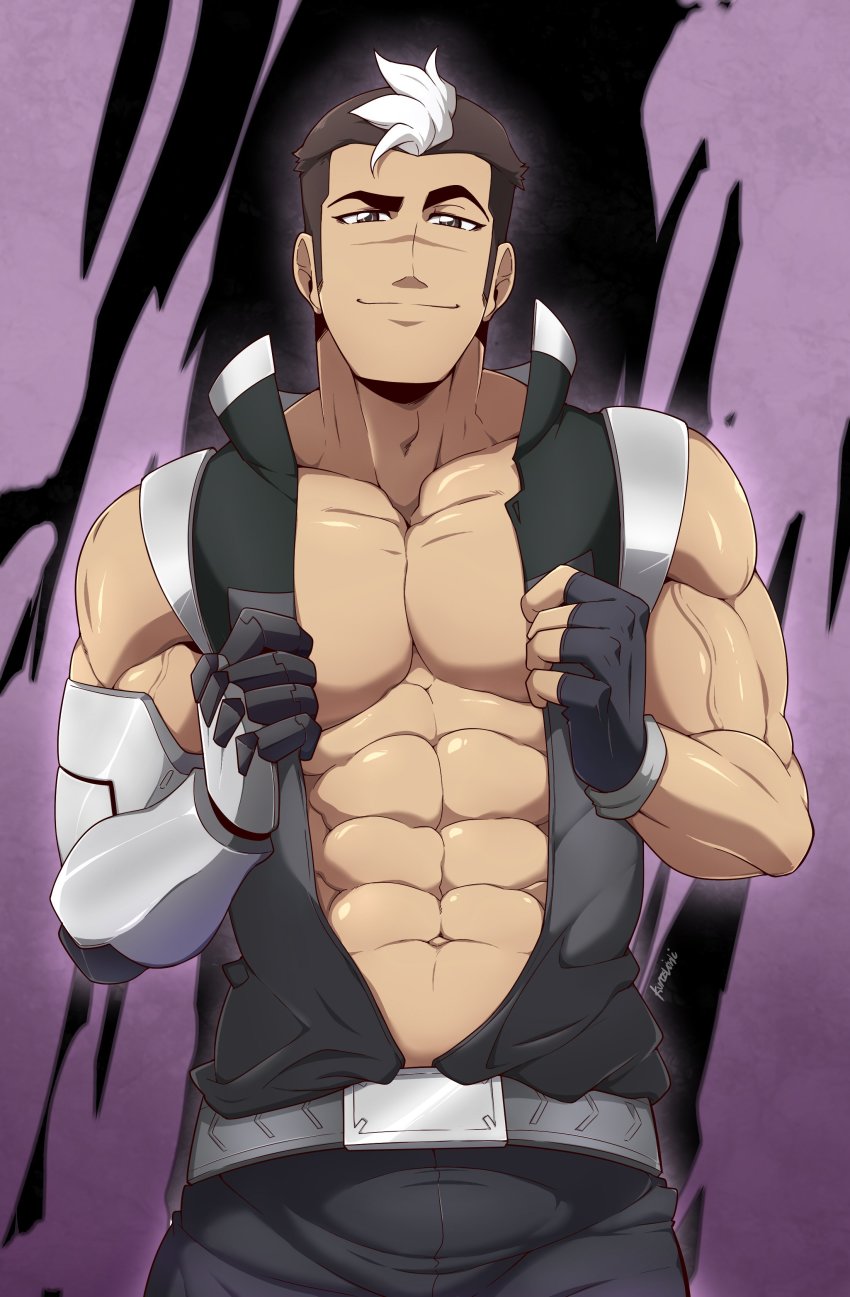 1boy abs absurdres belt biceps black_eyes black_hair fingerless_gloves gloves highres hyakujuu-ou_golion kuroshinki looking_at_viewer male_focus mechanical_arms multicolored_hair muscular muscular_male scar short_hair single_mechanical_arm smile solo takashi_shirogane toned two-tone_hair upper_body vest vest_lift voltron:_legendary_defender voltron_(series) white_hair